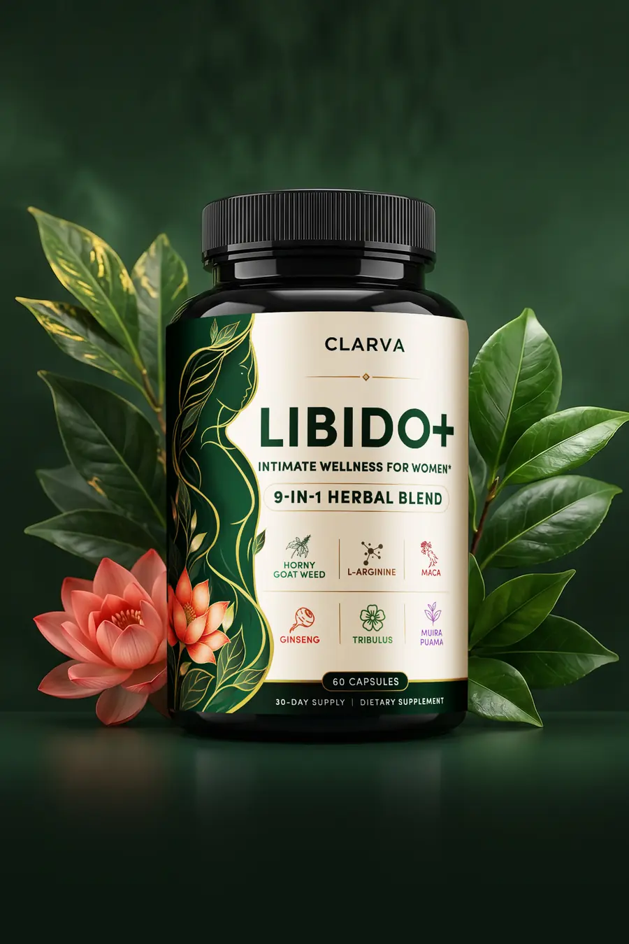 CLARVA LIBIDO+ bottle among green leaves and a coral flower