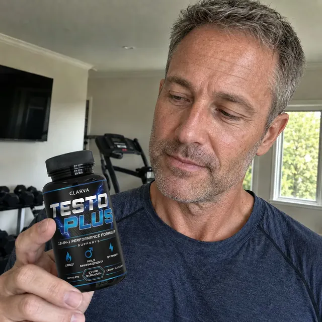 A person holding a CLARVA TESTO PLUS bottle